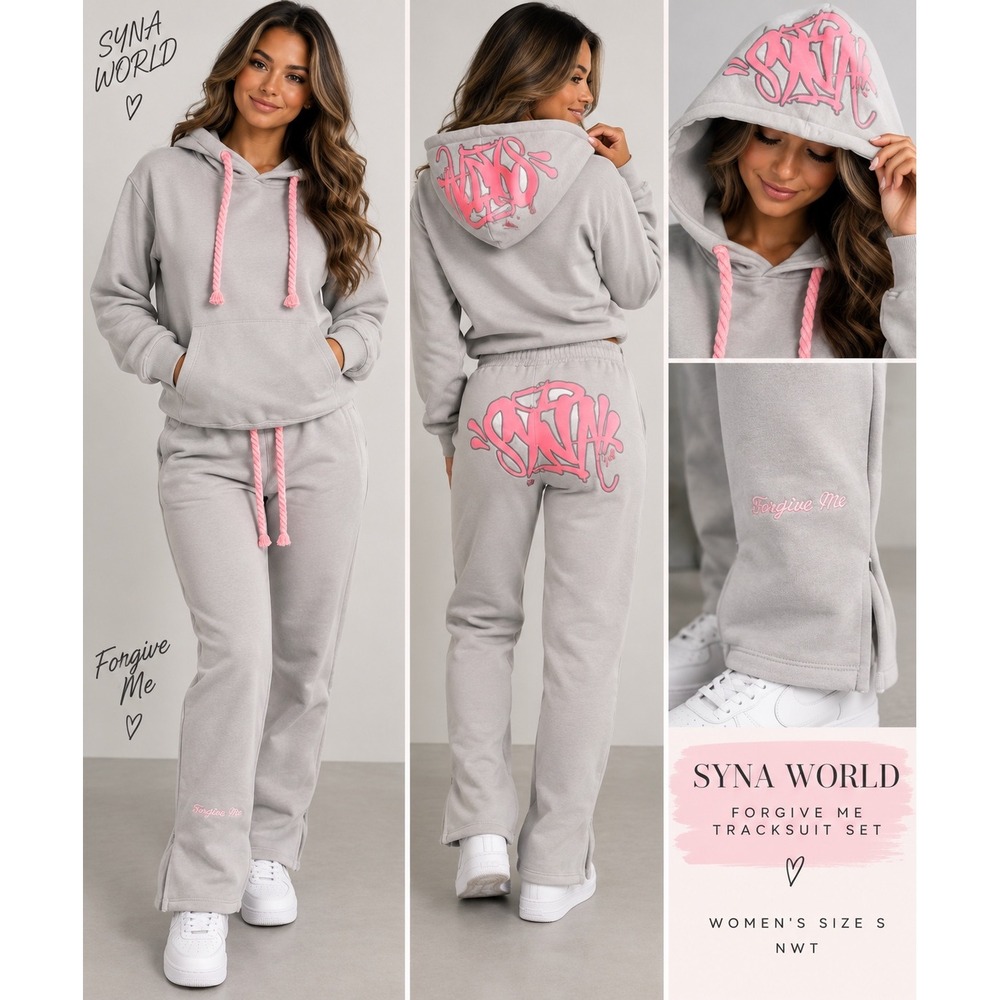 SYNA World Women's Forgive Me Tracksuit Set Gray Pink Hoodie Joggers NWT S